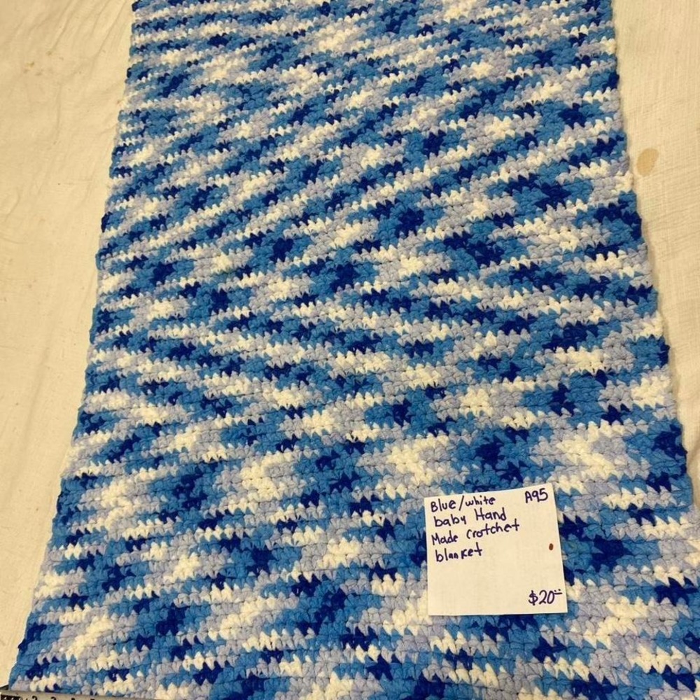 Blue/white baby hand made crochet blanket size L52"X‎ W29". SKU -A95